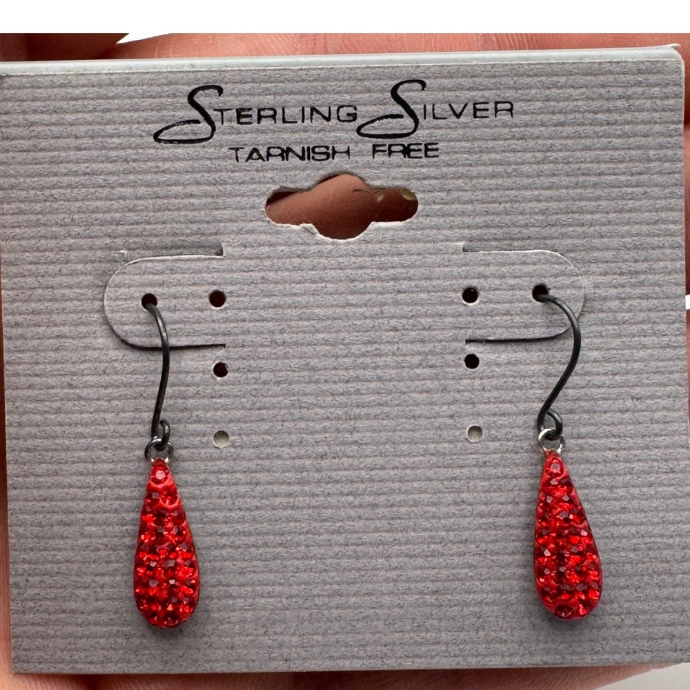 ATI Sterling Silver 925 Red Pave Crystal Teardrop Dangle Earrings